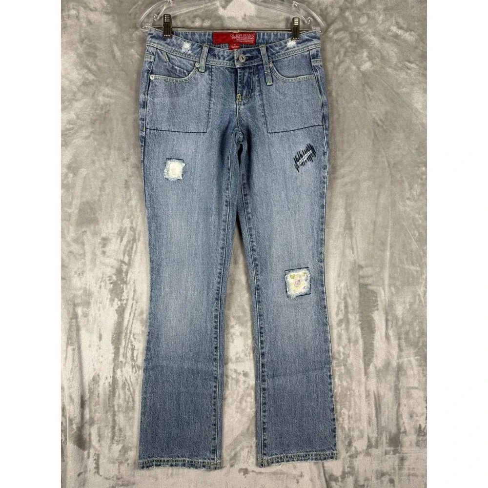Y2K Guess Jeans Women's Size 26‎ Blue Denim Bootcut Jeans Patchwork Distressed